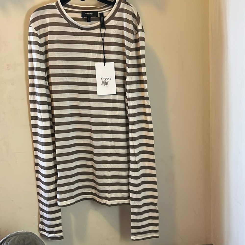 NWT Theory Long Sleeve Petite Ivory Multi Stripe T-Shirt.  Thin Jersey Material.